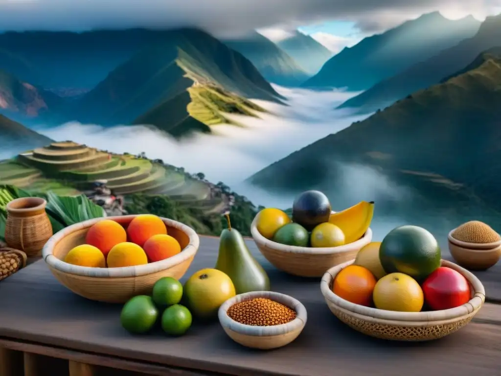 Colorido mercado andino con frutas orgánicas y artesanos elaborando coladores de bambú, con montañas neblinosas de fondo