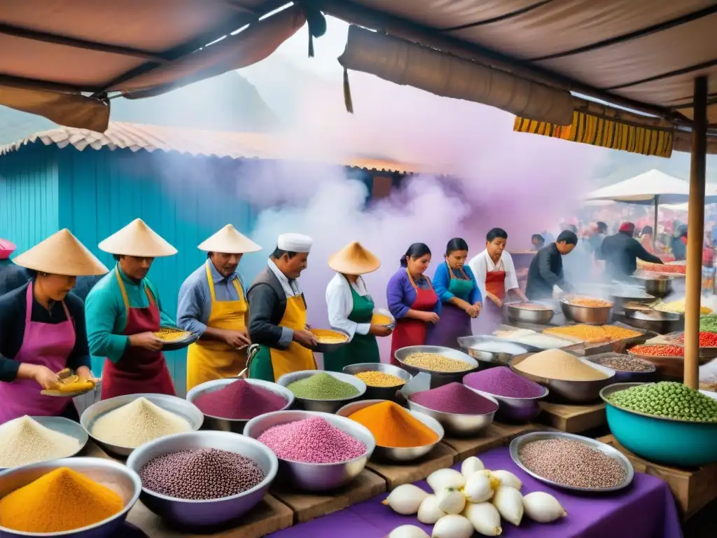 Colorido mercado callejero peruano con ingredientes autóctonos y vendedores preparando platos tradicionales