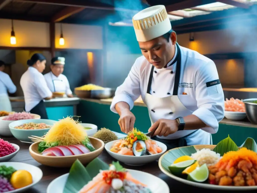 Colorido mercado costeño peruano con influencia Nikkei en cocina, ceviche y frutas tropicales