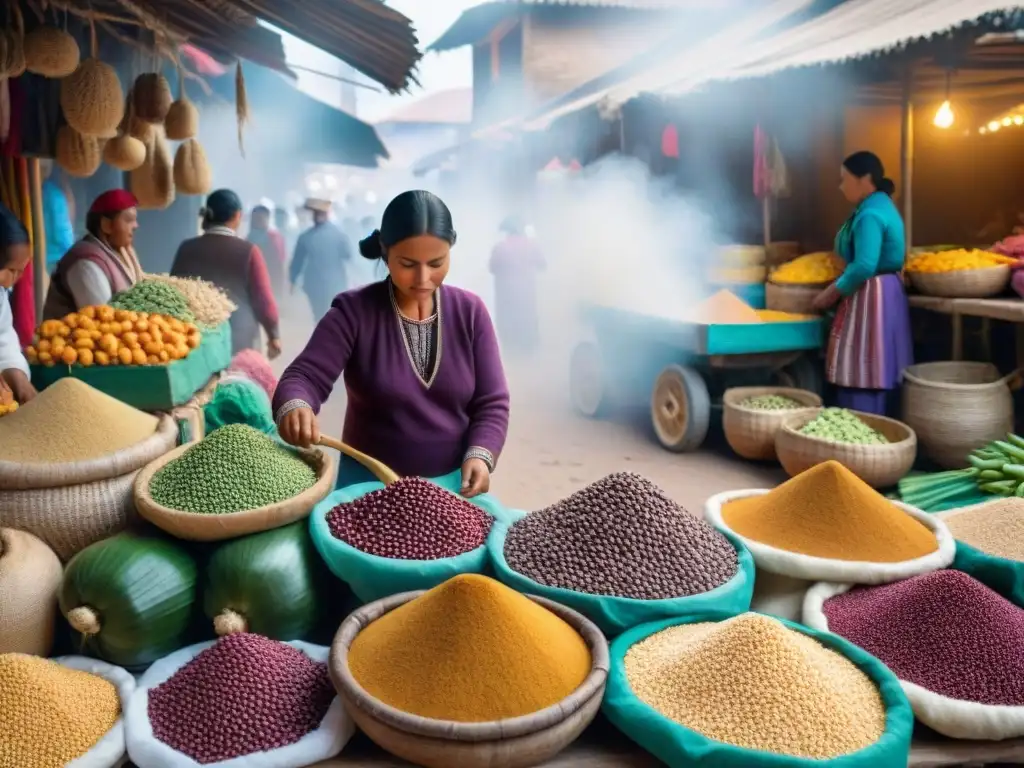 Mercado peruano: colores, sabores y tradición andina Colorido mercado en Perú con ingredientes autóctonos de la cocina peruana, vendedores locales y música andina