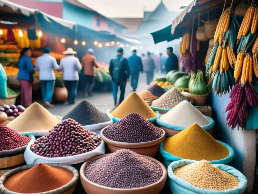 Colorido mercado limeño con ingredientes autóctonos, textiles y vendedores locales