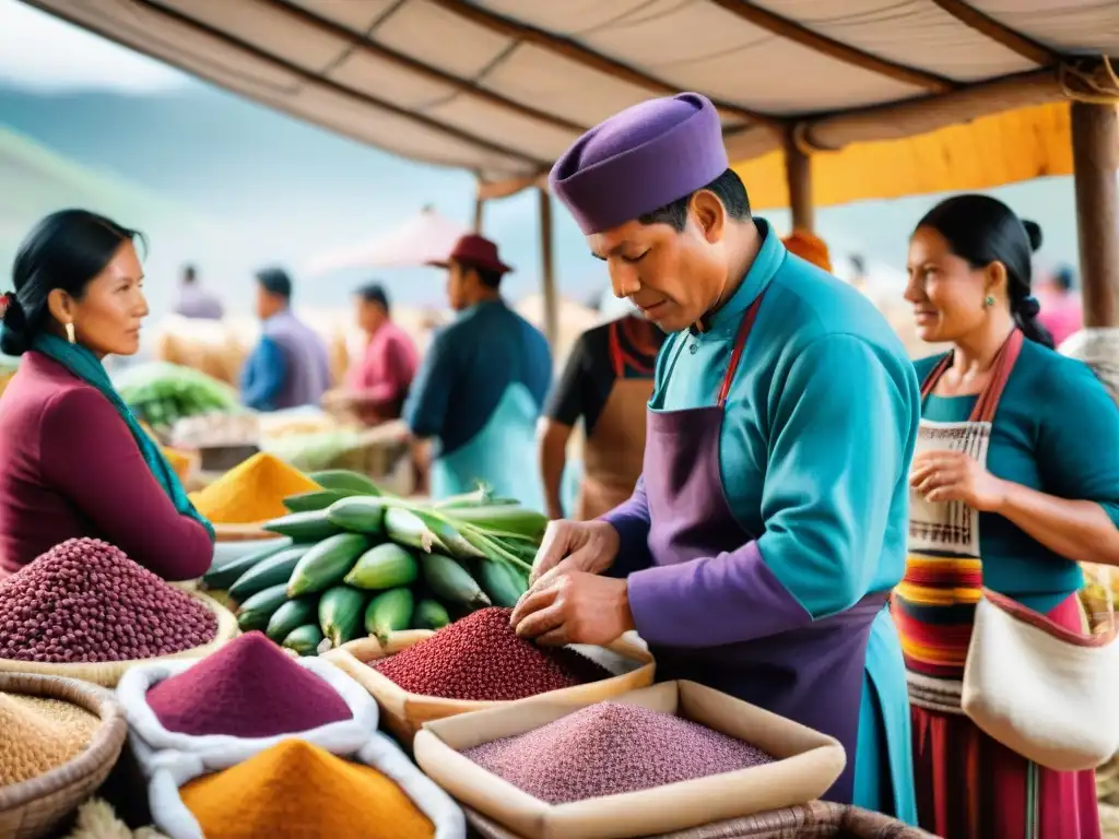 Colorido mercado local en Perú preservación ingredientes extinción