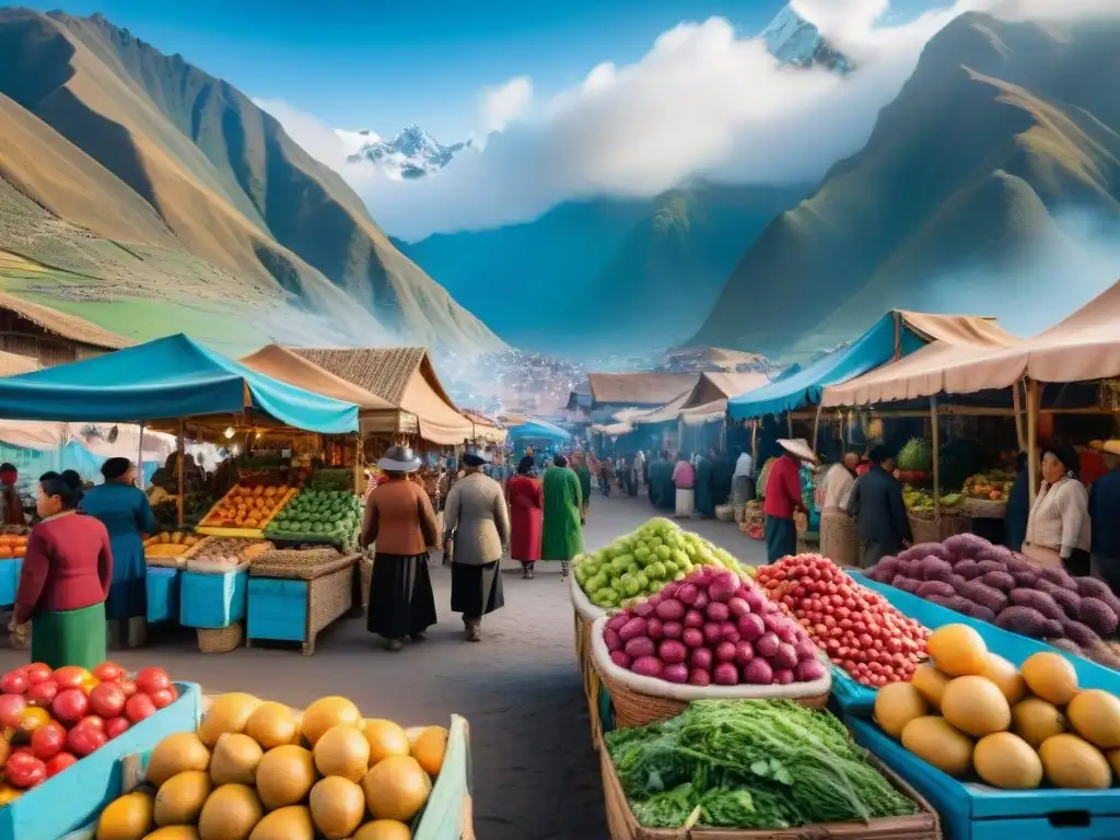 Un colorido mercado local peruano rebosante de vida y gastronomía tradicional, con vendedores indígenas y montañas andinas al fondo