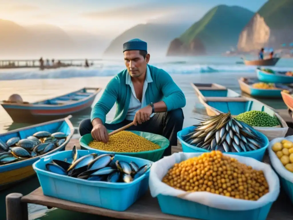 Colorido mercado de mariscos en Festival del Marisco en Perú al amanecer, pescadores descargan sus capturas mientras vendedores preparan sus puestos