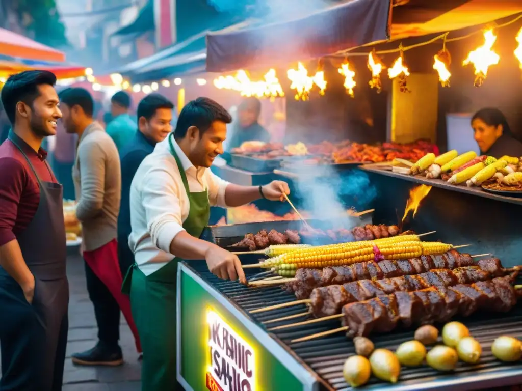 Colorido mercado nocturno en Lima con vendedores de anticuchos corazón, iluminado por luces vibrantes