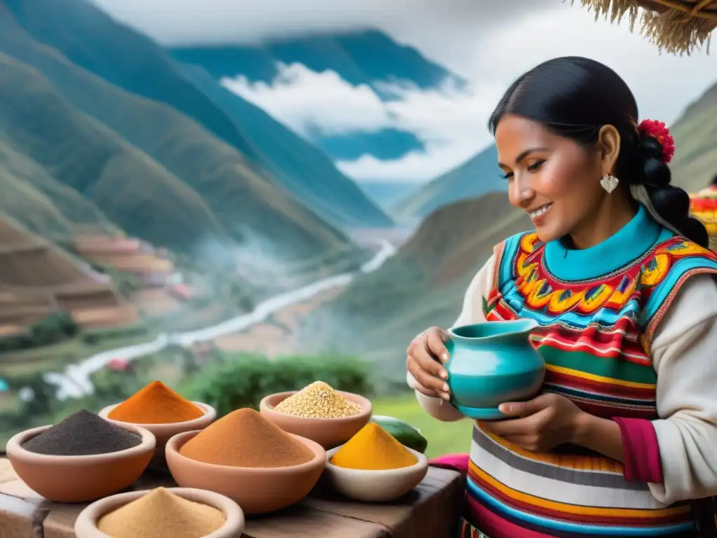 Colorido mercado peruano en los Andes, mujeres sirven Agua de Cebada en jarras de barro