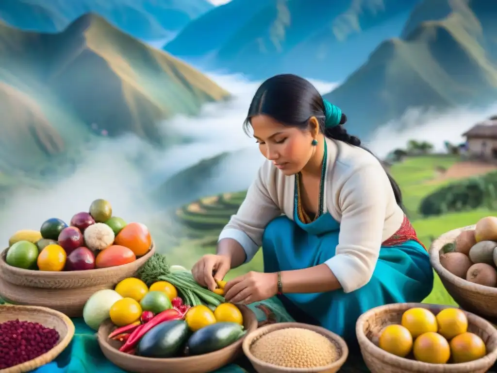 Colorido mercado peruano con artesanos preparando platos tradicionales