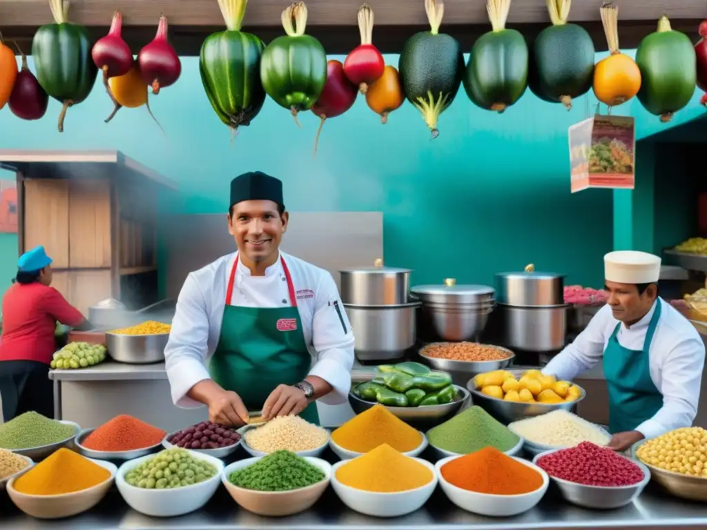 Colorido mercado peruano y chef fusionando cocina peruana tradicional y contemporánea