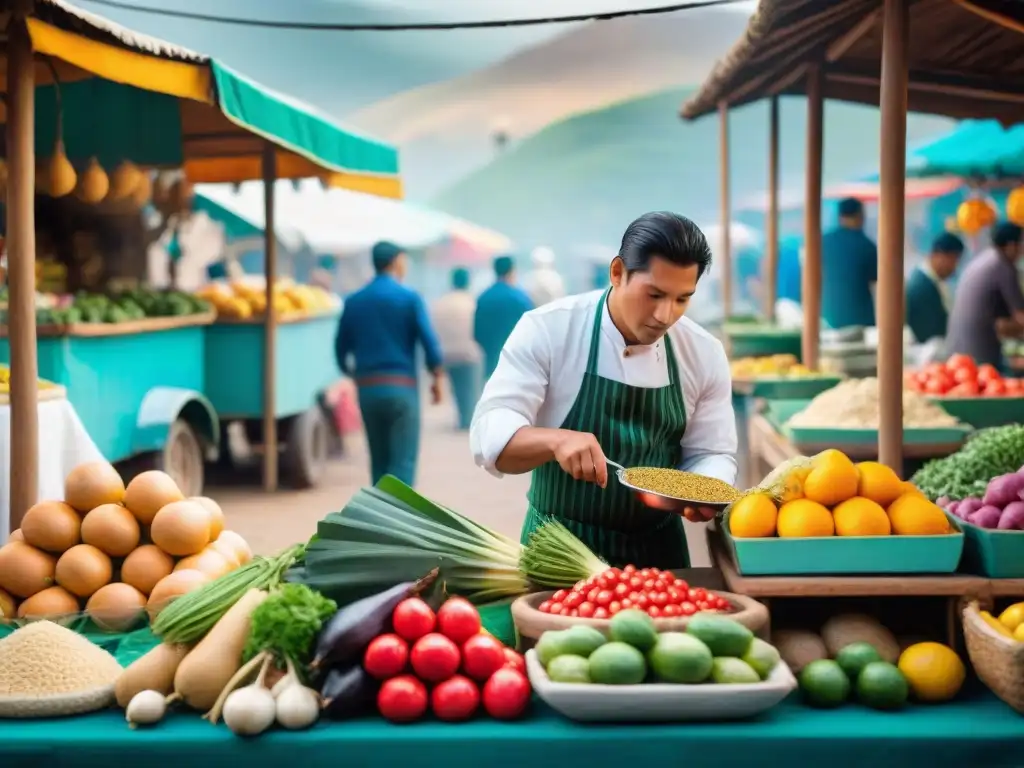 Colorido mercado peruano con chefs preparando platos tradicionales, destacando la exportación gastronomía peruana plataformas digitales