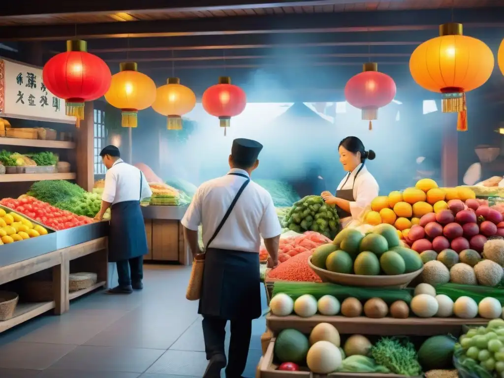 Colorido mercado peruano con chefs seleccionando ingredientes para Cocina Nikkei en Perú