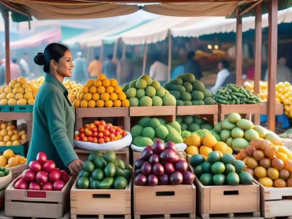 Colorido mercado peruano con chirimoyas en cajas de madera bajo el sol