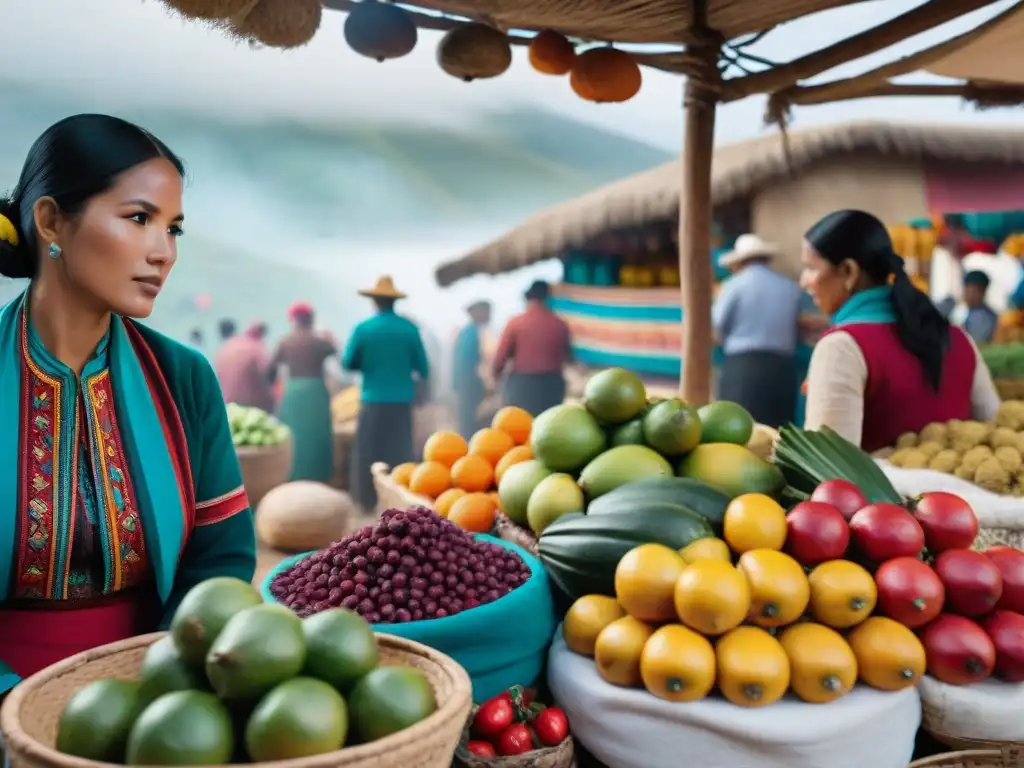 Colorido mercado peruano con chirimoyas, vendedores y locales hablando sobre los beneficios de la chirimoya para la salud