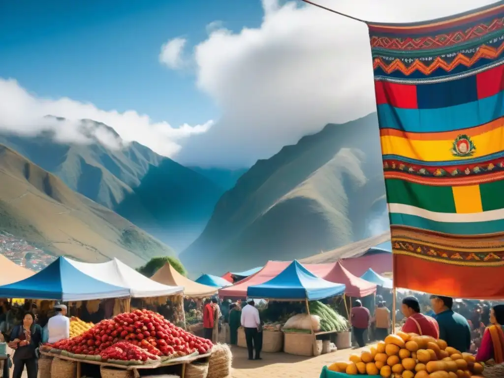 Colorido mercado peruano durante el Festival del Rocoto Relleno, lleno de productos locales y tradiciones andinas