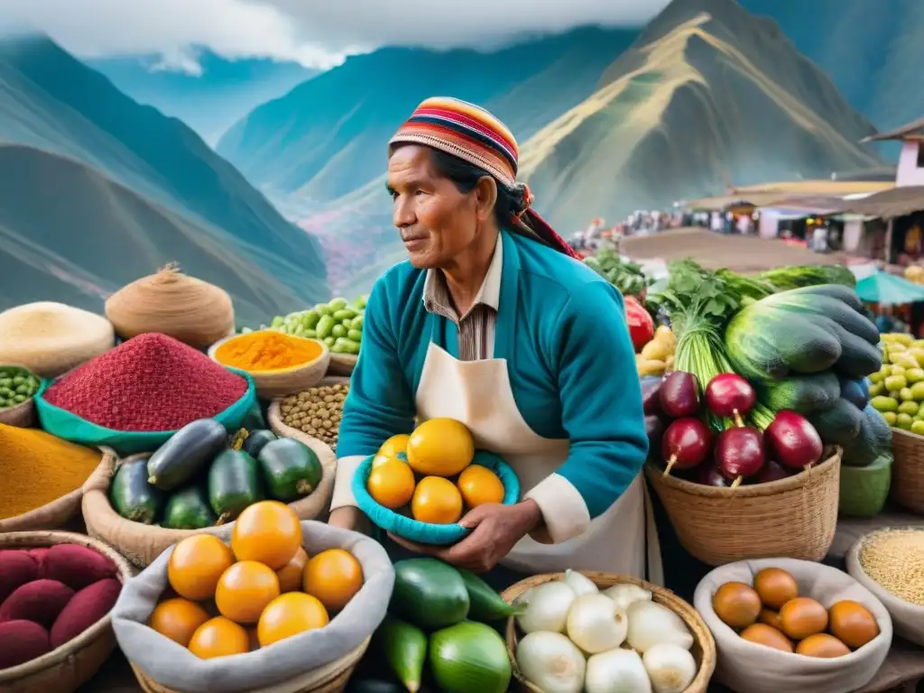 Colorido mercado peruano con frutas, verduras y especias