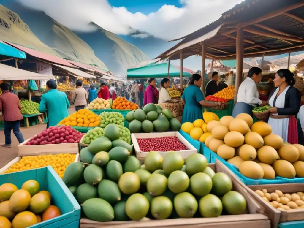 Colorido mercado peruano, frutas exóticas y extractoras jugo frutas peruanas en vibrante escena andina