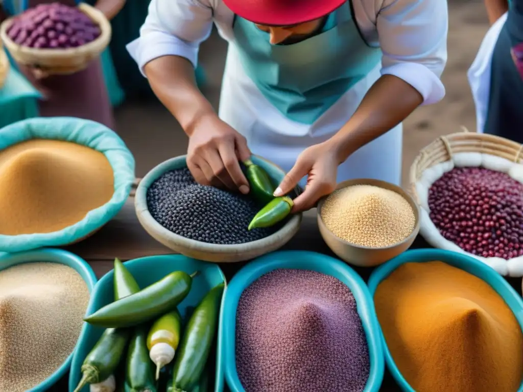 Colorido mercado peruano con Gastronomía peruana platos tradicionales ingredientes y animada actividad