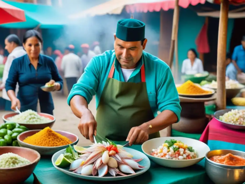 Colorido mercado peruano con preparación y disfrute de ceviche, resaltando la historia del ceviche peruano