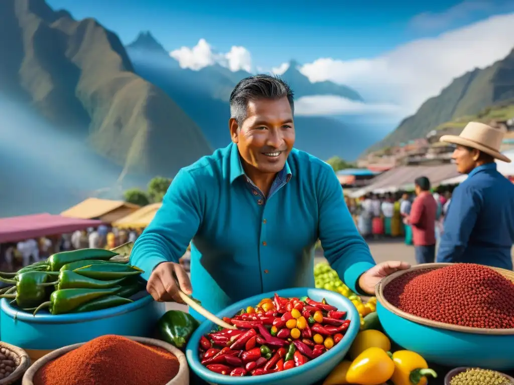 Colorido mercado peruano con la importancia del ají en Perú, vendedor explicando con pasión ante clientes intrigados, Andes de fondo