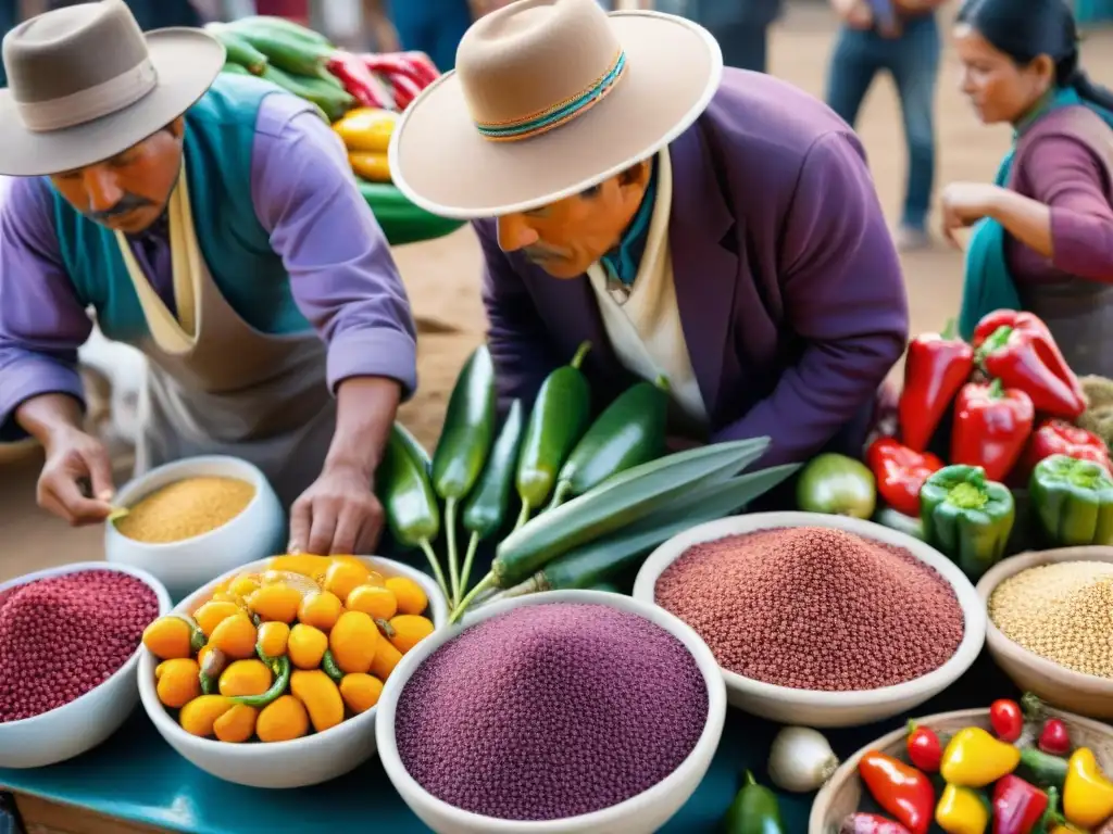 Colorido mercado peruano con influencia ingredientes autóctonos en gastronomía peruana