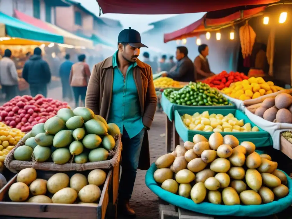 Colorido mercado peruano con ingredientes frescos, destacando el origen y evolución de la causa limeña