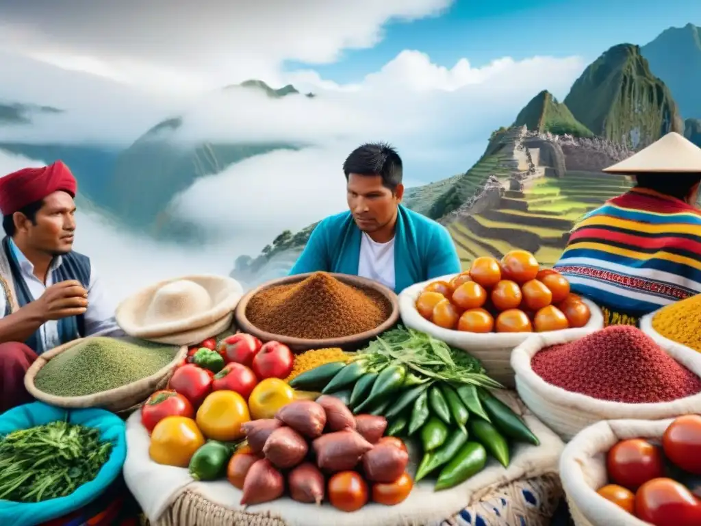 Colorido mercado peruano con ingredientes frescos para cocinar lomo saltado, inmerso en la historia culinaria del lomo saltado Peru