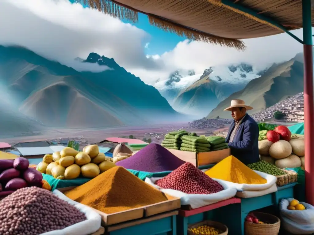 Colorido mercado peruano con ingredientes autóctonos y vendedores locales