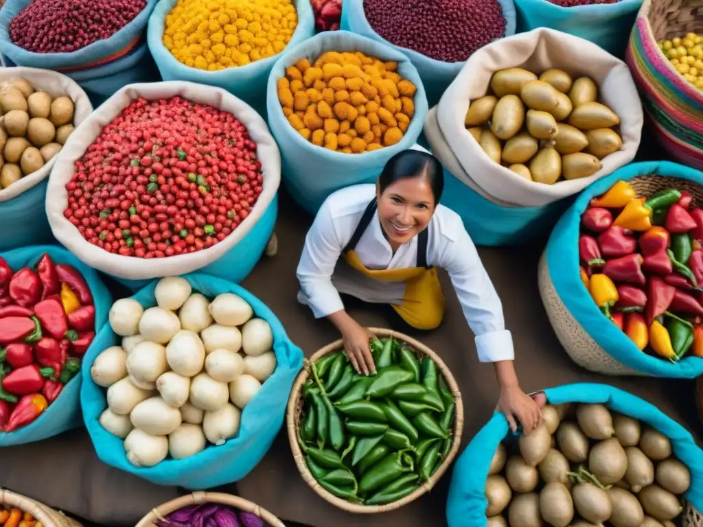 Colorido mercado peruano con ingredientes autóctonos