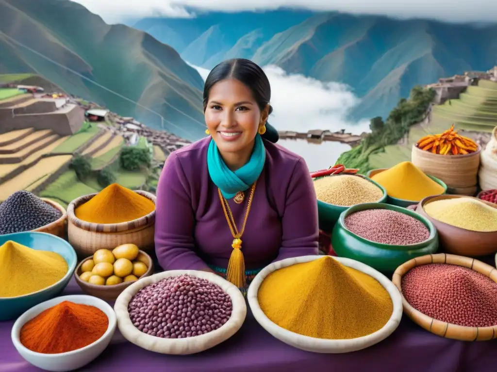 Colorido mercado peruano con ingredientes autóctonos: maíz morado, papas amarillas, quinua y ajíes