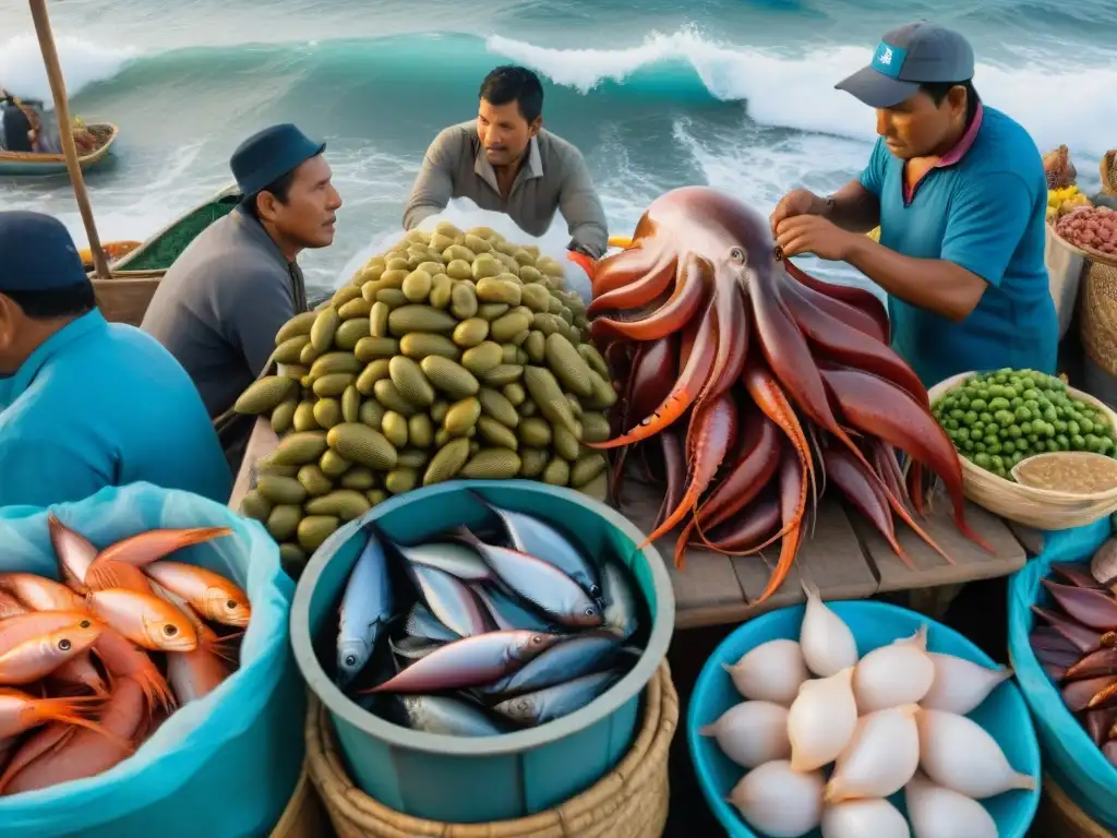 Colorido mercado peruano de mariscos con variedad de pescados y mariscos frescos