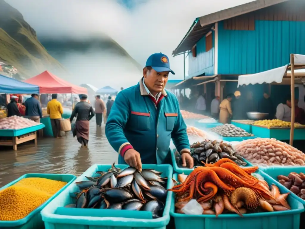 Colorido mercado peruano de mariscos con receta jalea mixta peruana, mostrando pescado, camarones y pulpo frescos en hielo