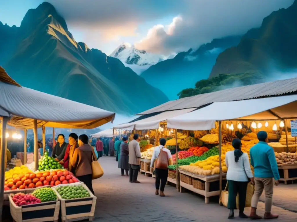 Colorido mercado peruano con mashua y oca, vendedores locales y montañas de los Andes