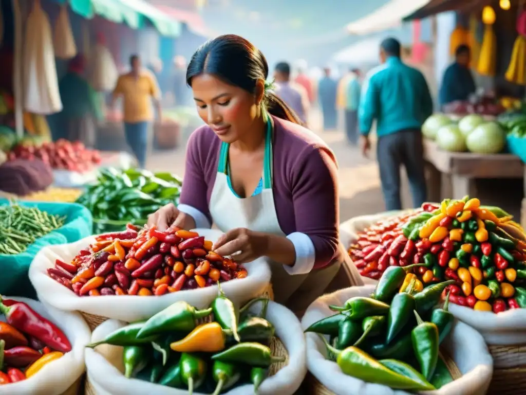 Colorido mercado peruano con mujeres indígenas vendiendo ajíes frescos