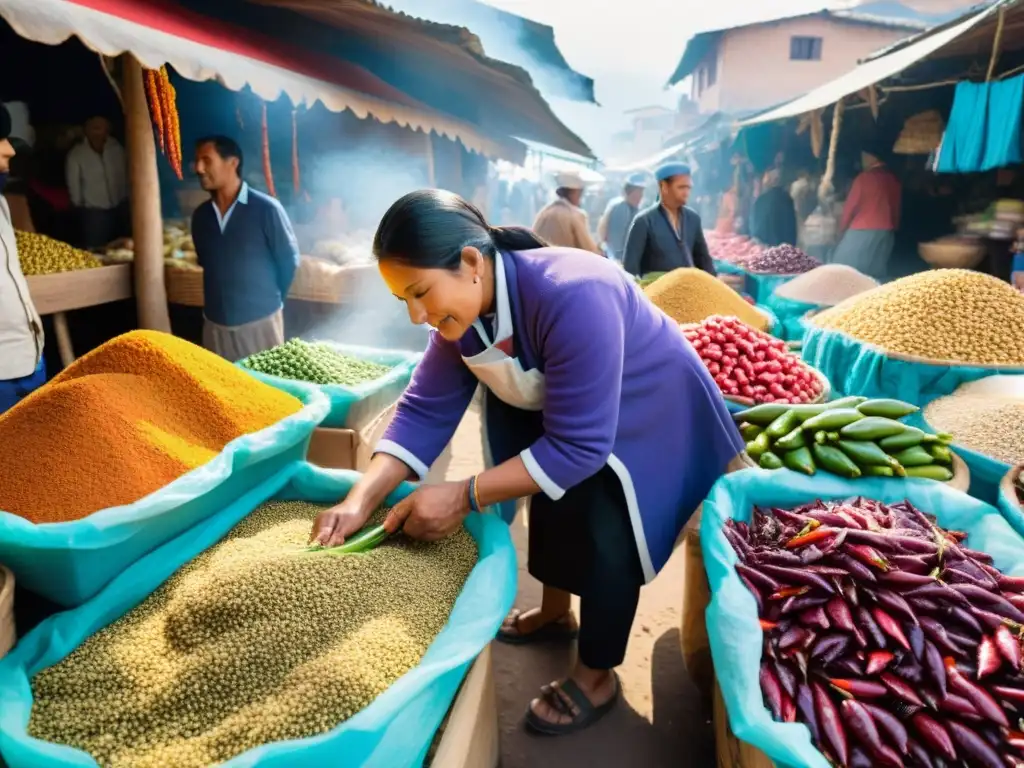 Colorido mercado peruano con platos tradicionales, aji, maíz morado y mariscos frescos