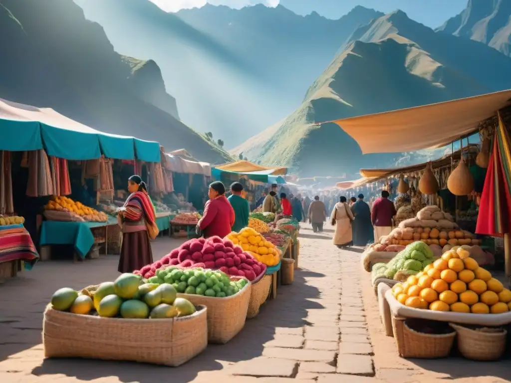 Colorido mercado peruano con productos locales, montañas de los Andes y ambiente vibrante