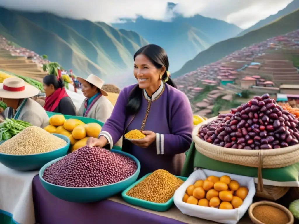 Colorido mercado peruano con productos frescos y montañas de los Andes de fondo