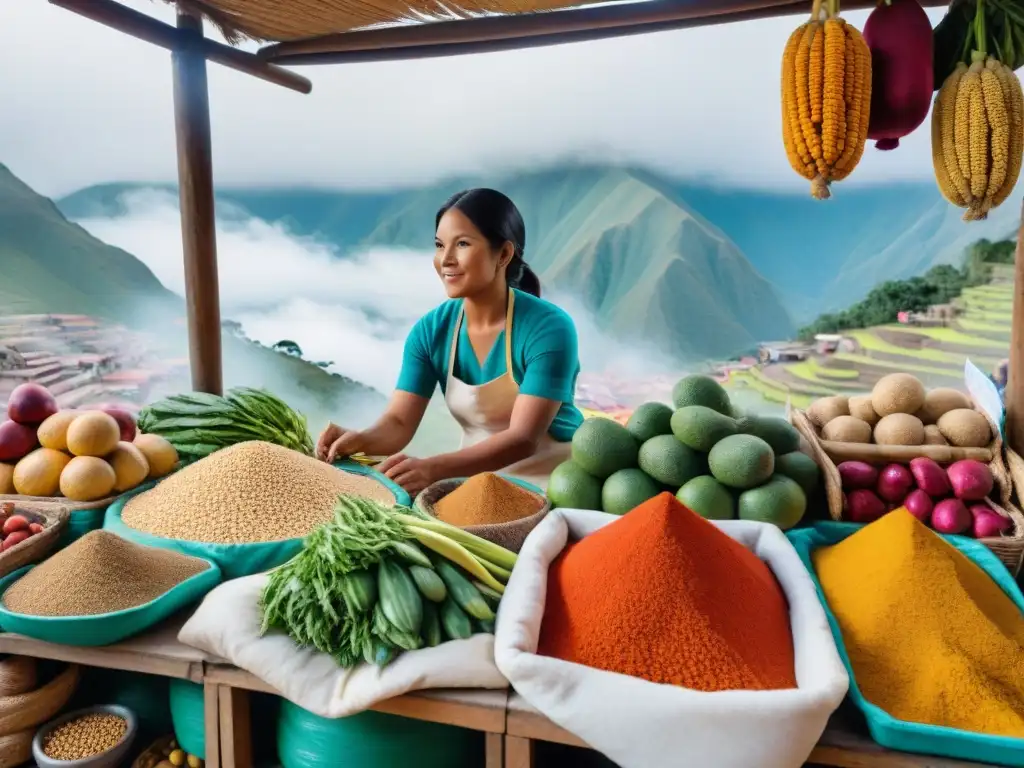 Un colorido mercado peruano rebosante de superalimentos únicos, reflejando el potencial gastronómico de los productos peruanos