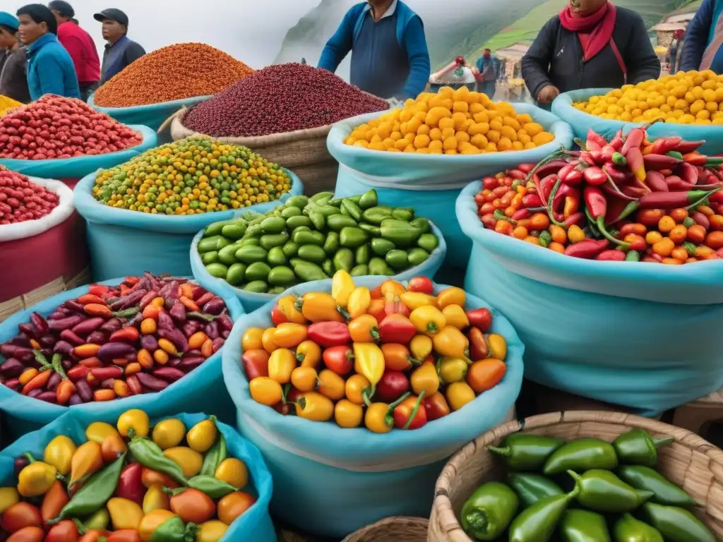 Colorido mercado peruano con exhibición de rocotos en tonos rojos, naranjas y amarillos