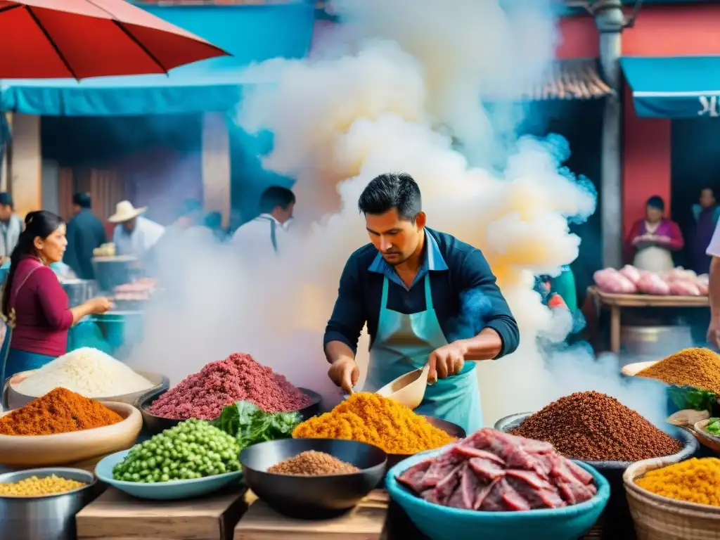 Colorido mercado peruano con vendedores preparando lomo saltado, transmitiendo historia del lomo saltado peruano