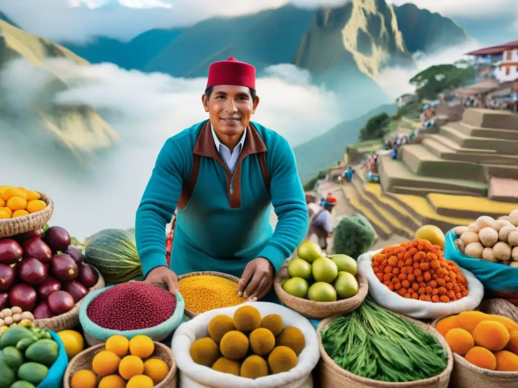 Mercado peruano: colores, sabores y cultura auténtica Un colorido mercado peruano con vibrante gastronomía y comunidad
