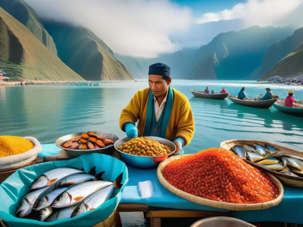 Un colorido mercado de pescados y mariscos en Perú, con una auténtica decoración y ambiente tradicional