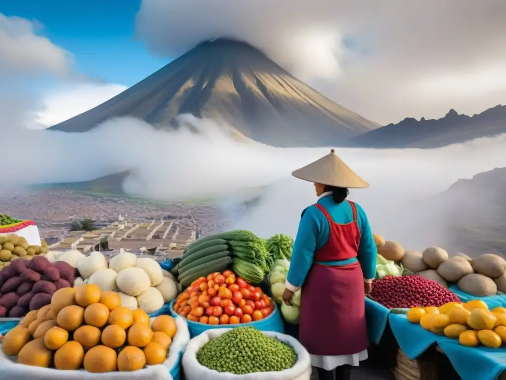 Colorido mercado tradicional peruano en Arequipa, con puestos de frutas y verduras exóticas