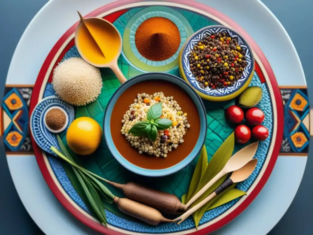 Colorido mosaico fusionando símbolos culinarios de África, Asia y Europa en un plato peruano único