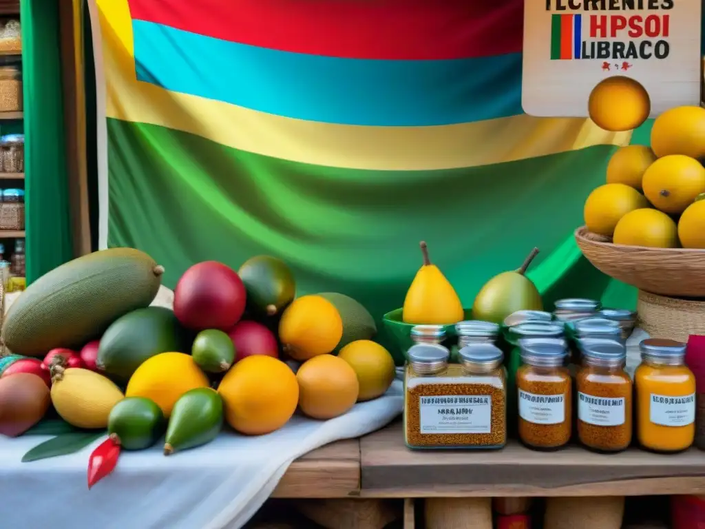 Colorido puesto de mercado peruano con ingredientes para el Ponche de los Libertadores