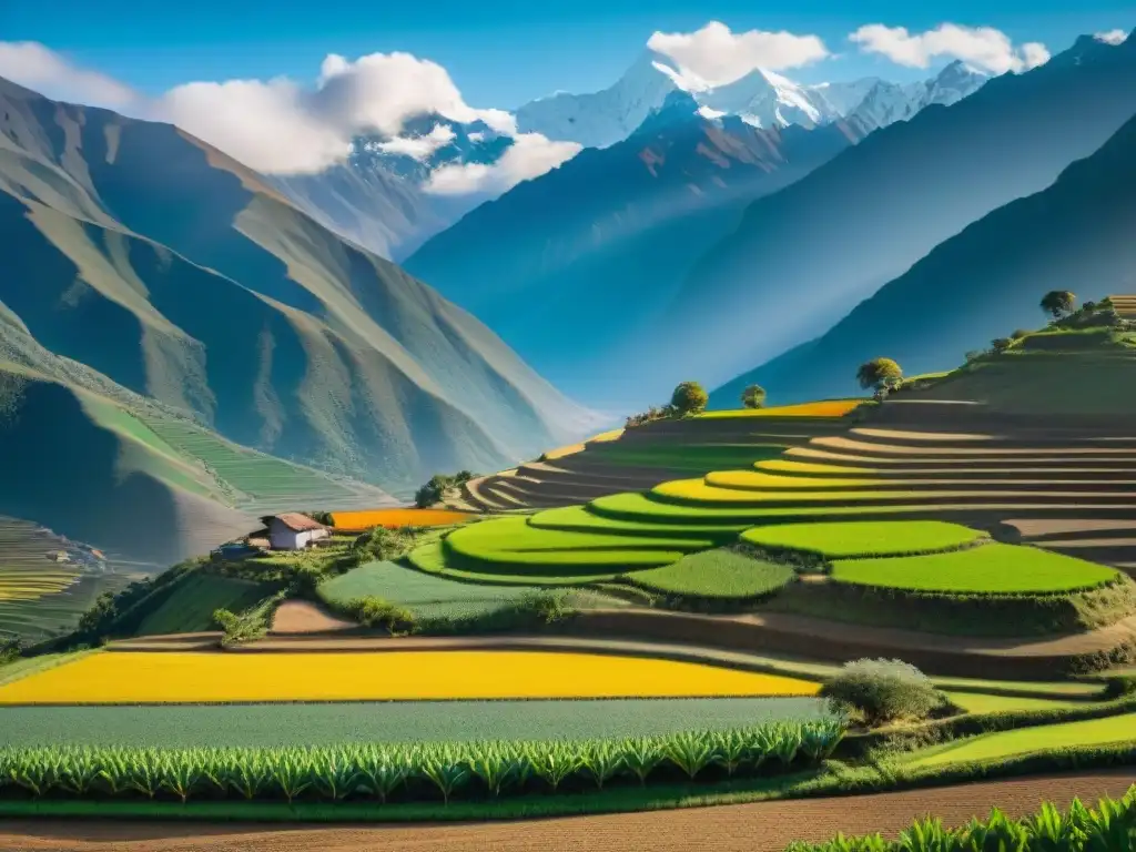 Coloridos cultivos Andinos Menos Conocidos en paisaje agrícola vibrante, con terrazas y montañas nevadas al fondo