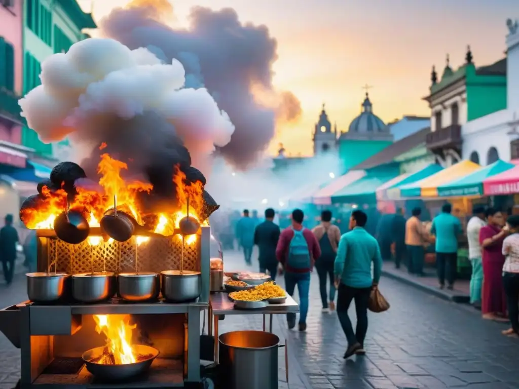 La evolución de la comida callejera en Lima, fusionando tradición e innovación en una vibrante escena urbana al atardecer