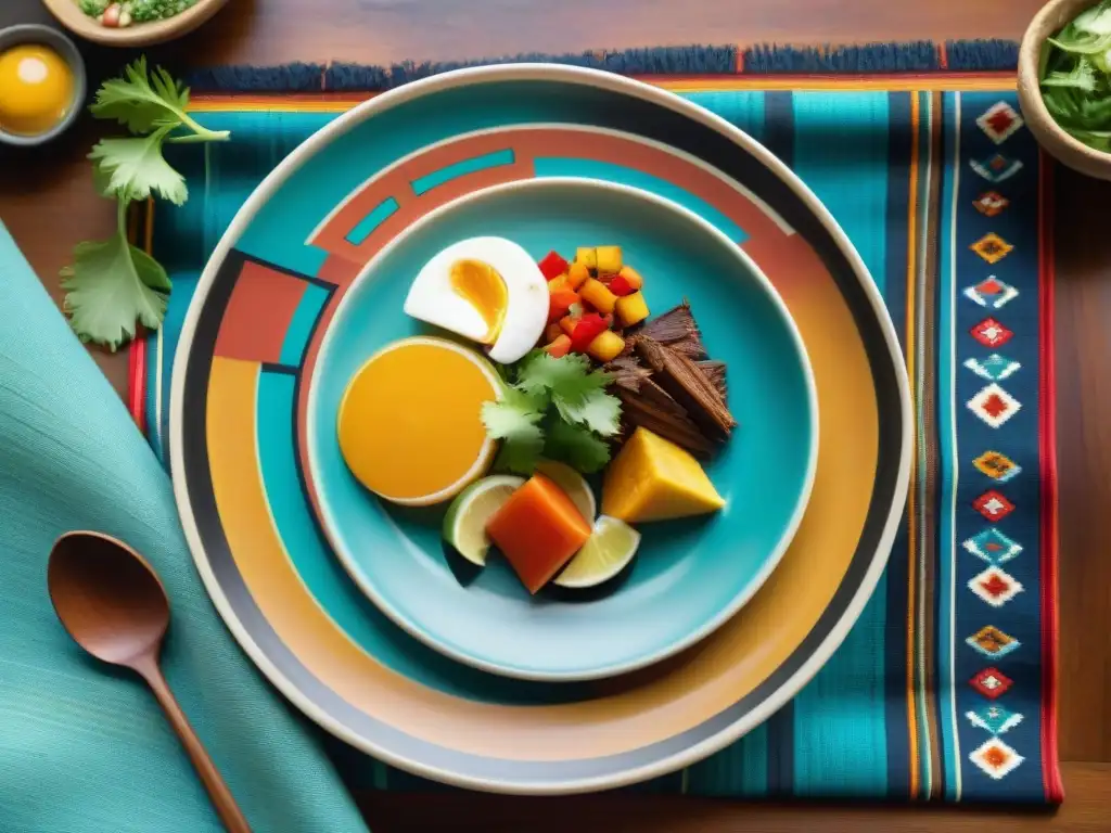 Presentación de comida peruana equilibrada en plato cerámico, resaltando colores y patrones incas, sobre mesa de madera rústica y textiles peruanos