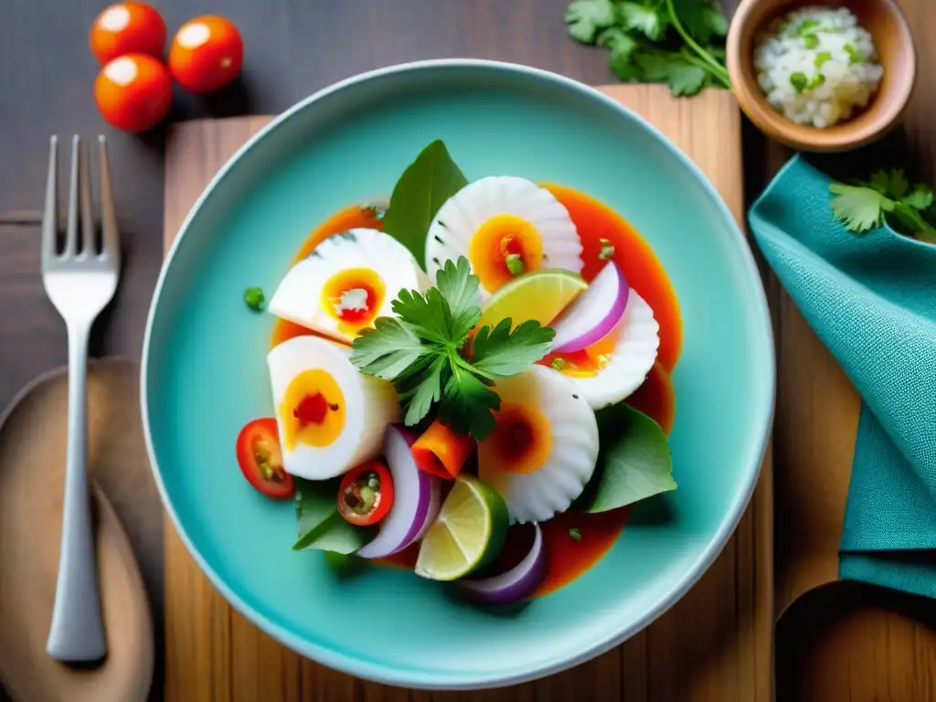 Presentación comida peruana simple: Ceviche de pescado blanco fresco con rocoto, cebolla roja y cilantro en plato de cerámica artesanal