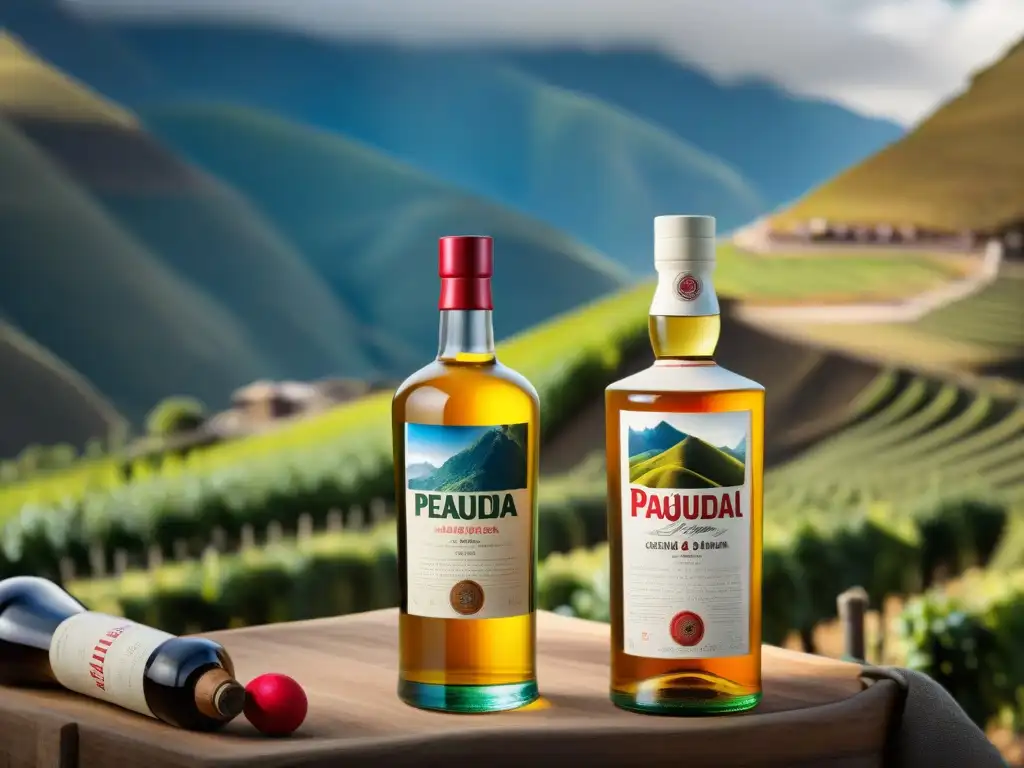 Una comparativa detallada de botellas de Pisco peruano y Aguardiente chileno resaltando diferencias de diseño en etiquetas y terroir