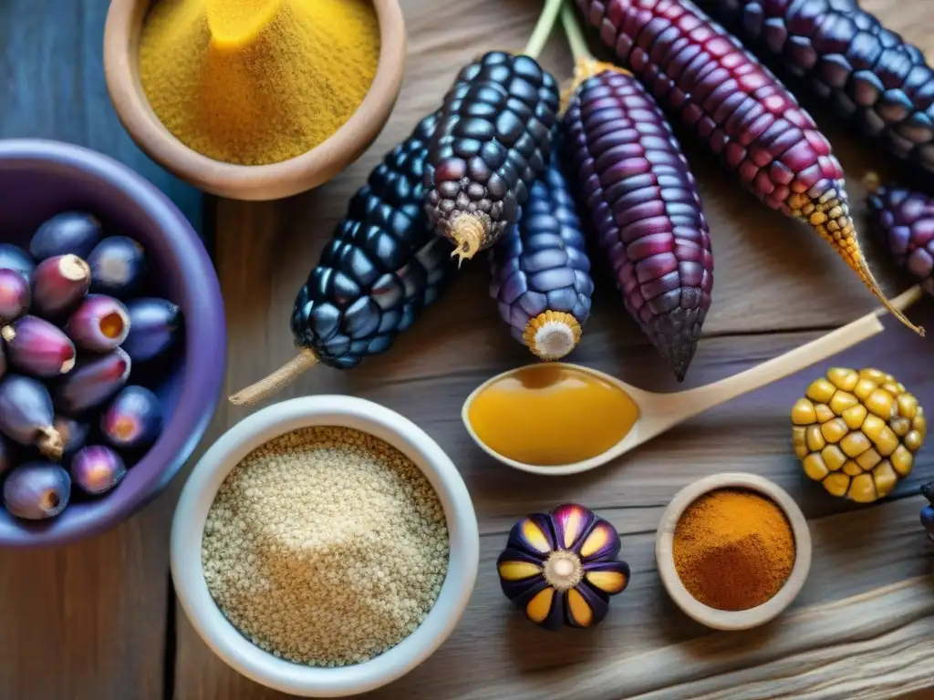 Una composición colorida de superalimentos peruanos en una mesa rústica, resaltando su frescura y valor nutricional