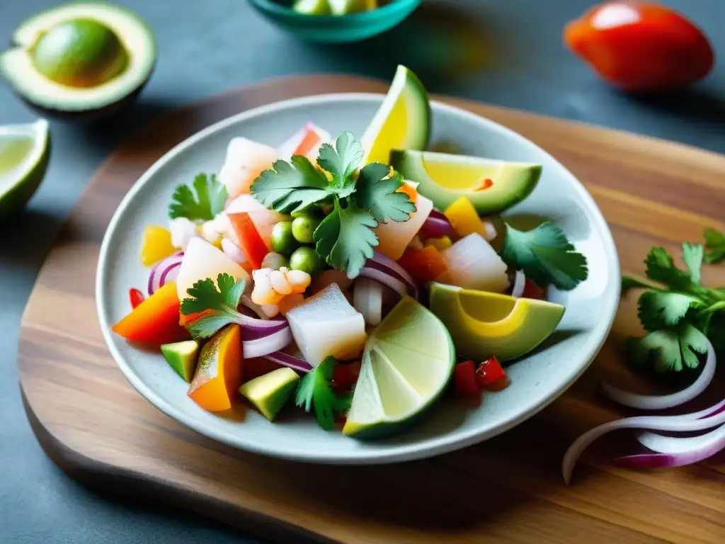 Una composición detallada de ingredientes frescos para ceviche en una mesa rústica: pescado blanco, limones, cebolla, pimientos, cilantro y aguacate